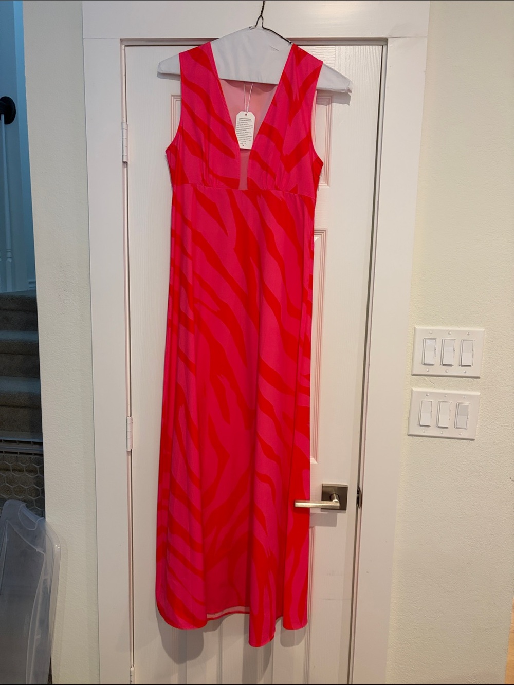 V-Neck Sleeveless Pink & Red Maxi Dress